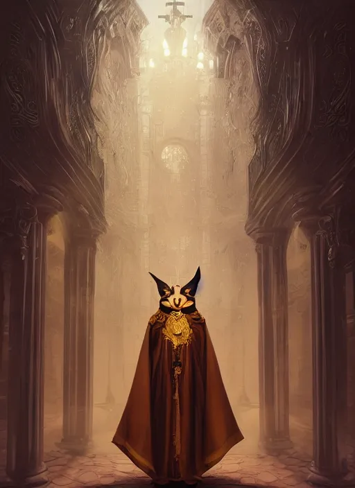 Image similar to surrealistic portrait of anthropomorphic caracal in golden priest clothes wearing vr in orthodox church, bokeh, foggy, dynamic lighting, darkness, ambients, dramatic, foggy, heavy bokeh and blur, cinematic, depth of field, art by bussiere rutkowski andreas rocha