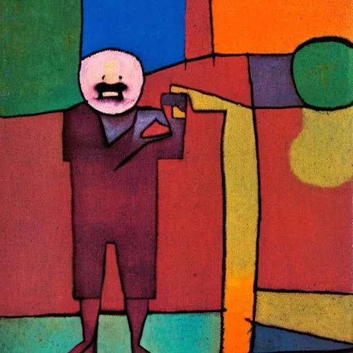 Prompt: paul klee painting of beard grandpa taking a photo to a baby girl