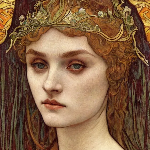 Image similar to detailed realistic beautiful young medieval queen face portrait by jean delville, alphonse mucha, vincent van gogh, and marco mazzoni, art nouveau, symbolist, visionary, gothic, pre - raphaelite