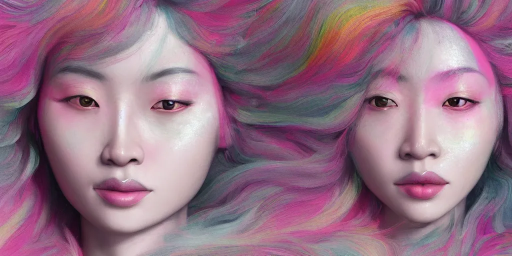 Prompt: a portrait of a very beautiful young asian goddess with pink and grey hair radiating an artwork made of swirling paint and impasto by wlop and botticelli, background is multicoloured volumetric displacement, hyperrealism, subsurface scattering, arnold render, noise to volume, 8 k, houdini, xparticles