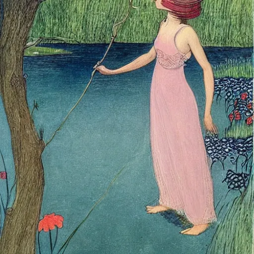 Image similar to art by ida rentoul outhwaite : ( subject = girl at the lake + subject detail = blond long hair, pretty )