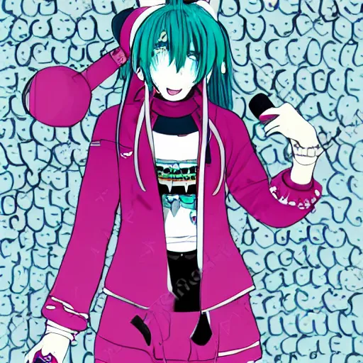 Image similar to hatsune mikue in a sweater rapper with microphone dark art