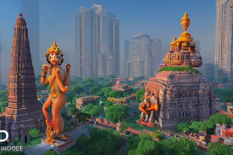 Image similar to high quality 3 d dreamscape! mumbai with biomorphic hanuman!! head building, kalighat detailed, unreal engine cinematic smooth, stephen shore & john j. park, soft morning light, wide shot, high angle, uhd 8 k, deep focus