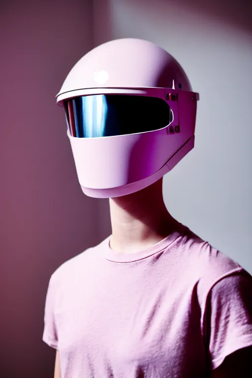 Prompt: a high definition film photograph of a normal androgynous robot human wearing a plain white t - shirt, in a pastel pink room. happy. metal visor covering eyes. reflective chrome coloured helmet. crushed shadows.