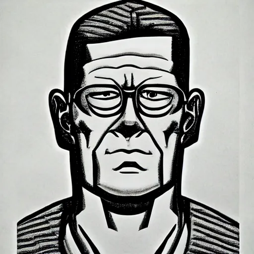 Prompt: Hank Hill, by Escher, portrait black and white, background DMT colors, drawing
