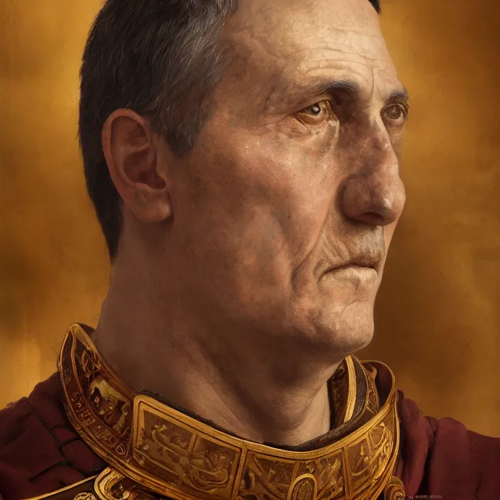 Image similar to excellent painted portrait of the last emperor of rome the ancient caesar invictus, masterpiece painting with detailed face, 4k, trending on artstation, octane render, art by artgerm and greg rutkowski and alphonse mucha and craig mullins and James Jean and Andrei Riabovitchev and Marc Simonetti and peter mohrbacher