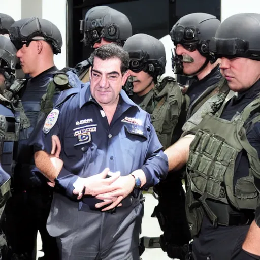 Image similar to evil dan andrews melbourne premier surrounded by swat team