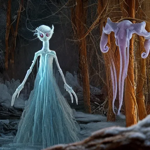 Image similar to a humanoid ethereal ghost like live action muppet wraith like figure with a squid like parasite as its head and four long tentacles for arms that flow gracefully at its sides like a cloak while it floats around a frozen rocky lake in the middle of the frozen woods searching for lost souls and that hides amongst the shadows in the trees, this character can control the snow and ice and has mastery of the shadows, it is known as the bringer of nightmares and the conqueror of the endless night terrors and staring too long can cause paralysis, it is a real muppet by sesame street surrounded by lost muppet souls, photo realistic, real, realistic, felt, stopmotion, photography, sesame street