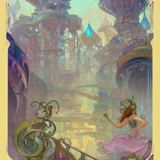 Image similar to a beautiful stunning fantasy whimsical matte digital storybook watercolor painting a cityscape of the underwater city of Atlantis, art nouveau, bubbles splash shells fish details, pastel color palette, by Alphonse Mucha and Tyler Edlin, trending on artstation hq