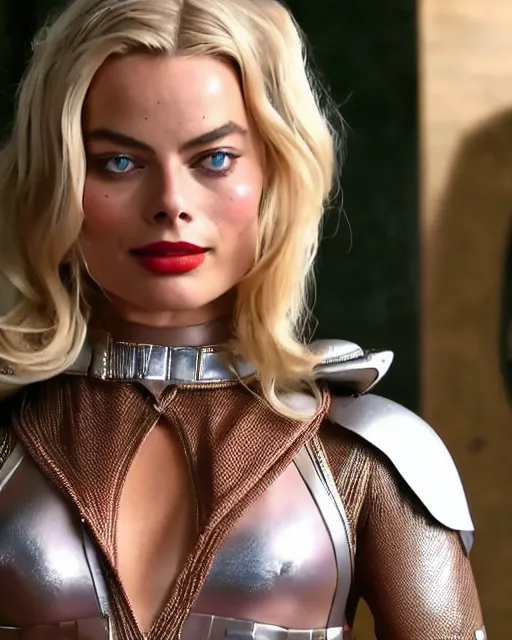 Image similar to body shot of margot Robbie wearing a cosplay costume, detailed face, 4k, hd, cinematic