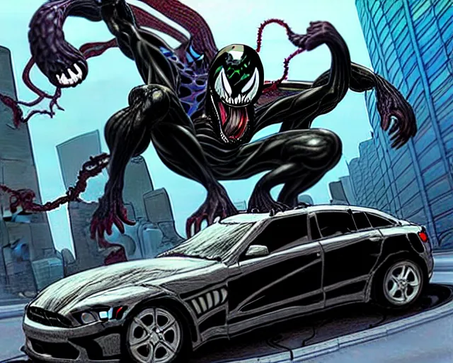 Prompt: A Venom standing on top of a wrecked car in the city, open arms art by Jason Chan and Gerardo Sandoval, Ultra detailed, hyper realistic,