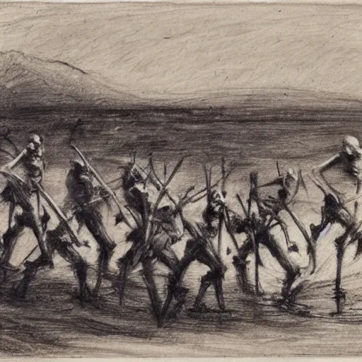 Image similar to an army of skeletons rising from a river by alfred stevens, charcoal