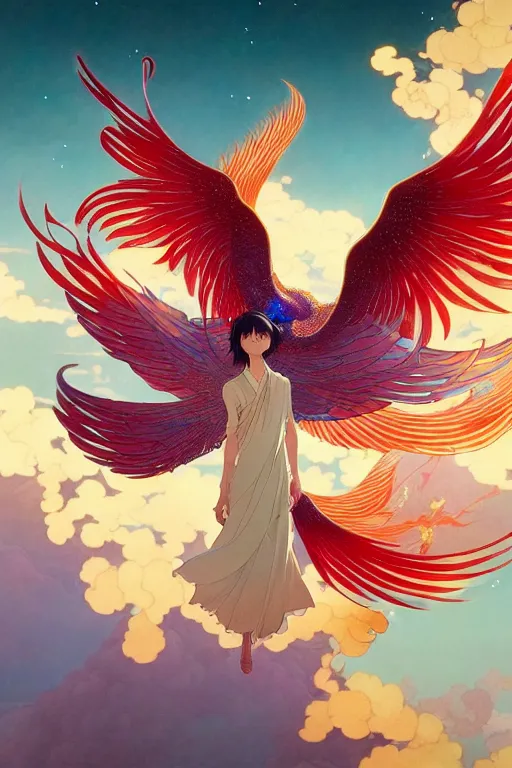 Image similar to victo ngai and lfons mucha painting of a phoenix in the sky, chinese style ， makoto shinkai ， final fantasy, unreal engine 5 highly rendered, global illumination, radiant light, detailed and intricate environment