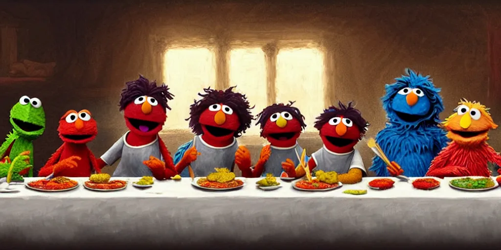 Prompt: sesame street last supper by greg rutkowski, digital painting, trending on artstation, sharp focus, 4 k