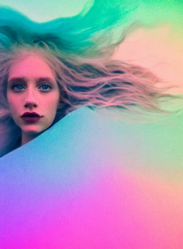 Image similar to high quality pastel coloured film close up photograph of a model in an icelandic black rock!! environment in a partially hazey dreamstate world. three point light, rainbow. photographic production. art directed. pastel colours. volumetric atmosphere. pastel gradient overlay. waves glitch artefacts. extreme facial silliness. 8 k. filmic.
