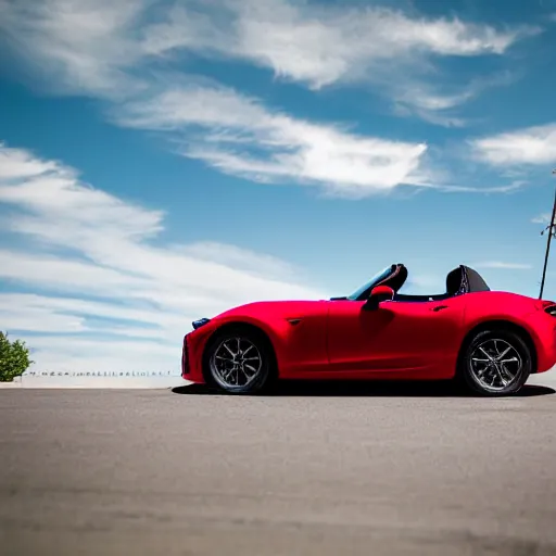 Image similar to 105mm photo of car full view mid distance photograph red Mazda Miata parked on street from 2020