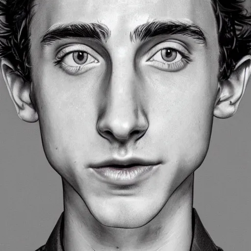 Image similar to character design, timothee chalamet believing in nothing and launching into the stratosphere with jennifer lawrence or whatever, in the style of killian eng kawase hasui james jean, artstation trending, 8 k, photorealistic, volumetric lighting caustics, black and white, detailed af