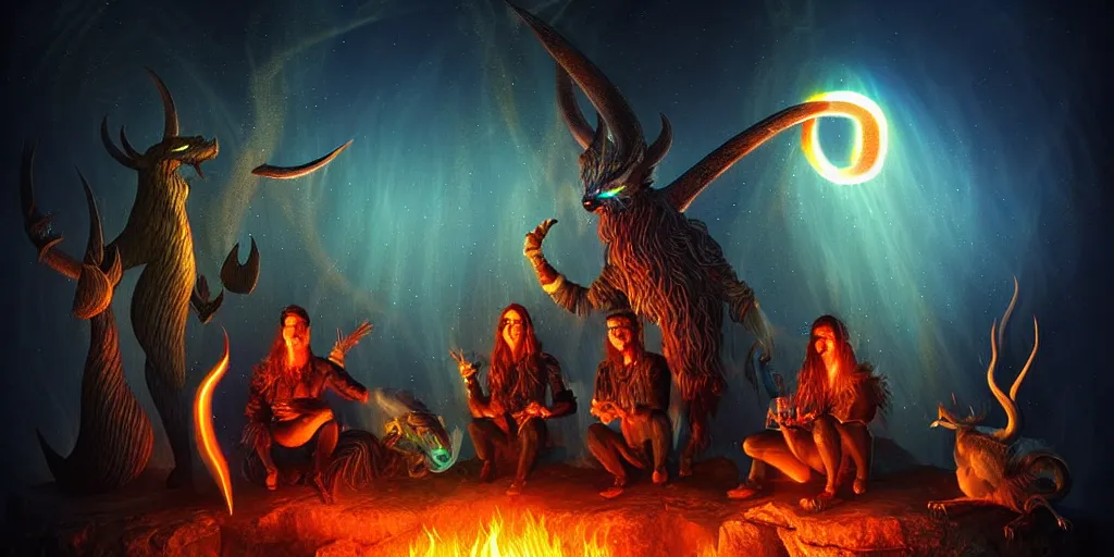 Prompt: uncanny bifrost!!!!!! mythical beasts of sitting around a fire under a full moon at bifrost, surreal dark uncanny painting by ronny khalil