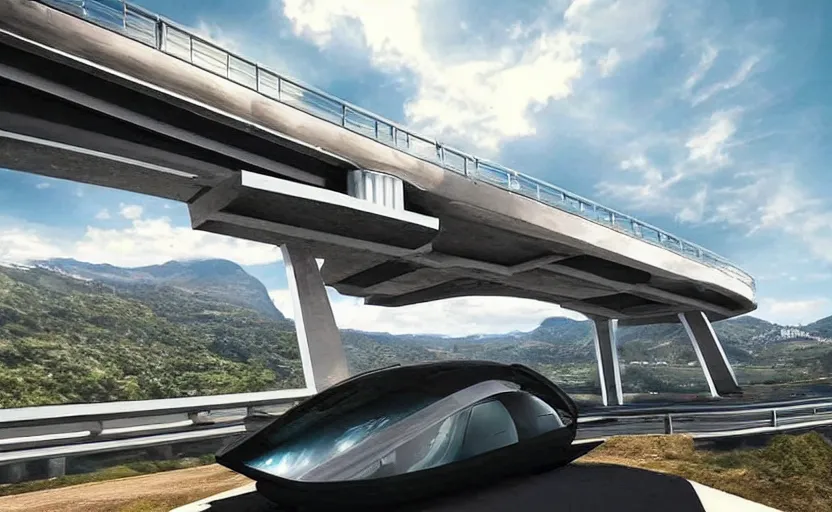 Image similar to futuristic car driving on elevated highway above a valley made of chrome tiles