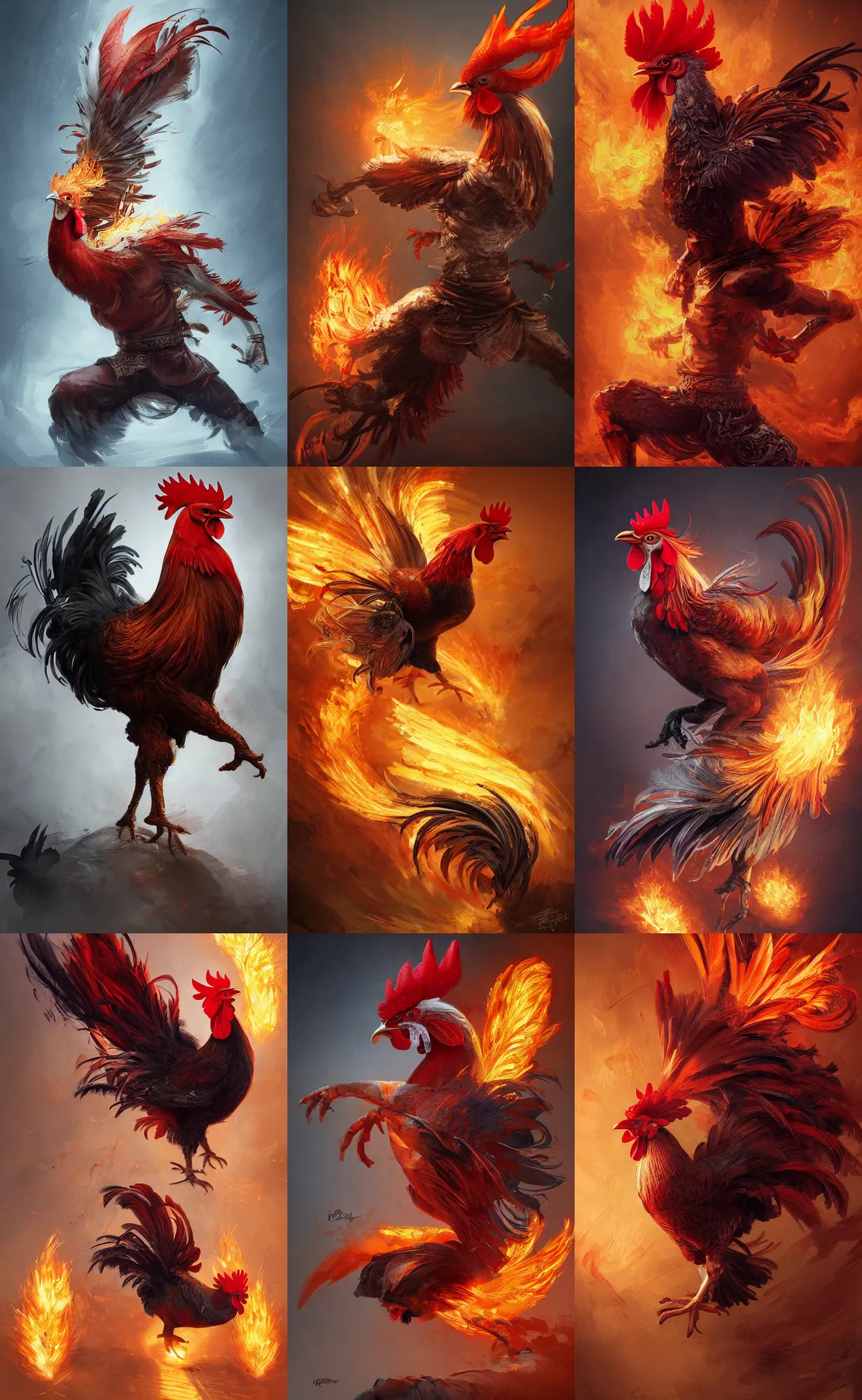 Prompt: rooster with flaming feathers, fighting kung - fu, intricate, elegant, highly detailed, digital painting, artstation, concept art, sharp focus, illustration, aleksi briclot, rutkowski