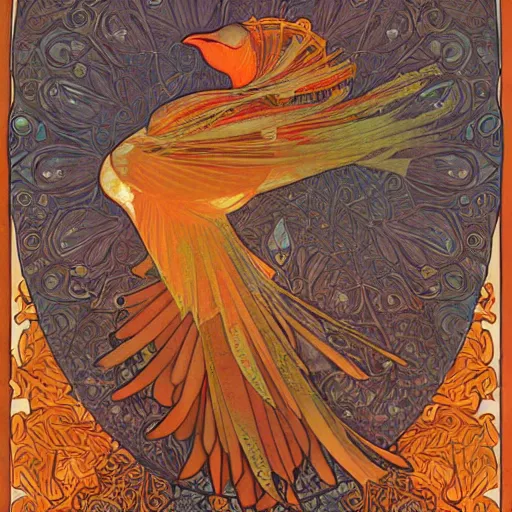 Image similar to ethereal nightingale bird made of fabric, alphonse mucha, ganbrood william morris, delicate, textured, ornate, complex detailed illustration, swirling, octane render, intricate detail, orange blue gold