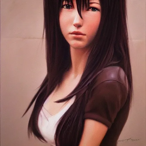 Image similar to a photorealistic painting of Tifa Lockhart it captures every detail of the artist’s female subject, such as the soft skin, flowing hair, and textured cottagecore clothing. Yasumoto Oka