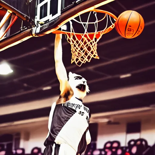 Prompt: a photo of a llama dunking a basketball, 4 k, photography, high resolution