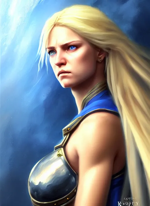 Image similar to a _ fantasy _ style _ portrait _ painting _ of timid white female paladin with blonde hair and blue eyes,, scar under left eye, holy oil _ painting _ unreal _ 5 _ daz. _ rpg _ portrait _ extremely _ detailed _ artgerm _ greg _ rutkowski _ greg