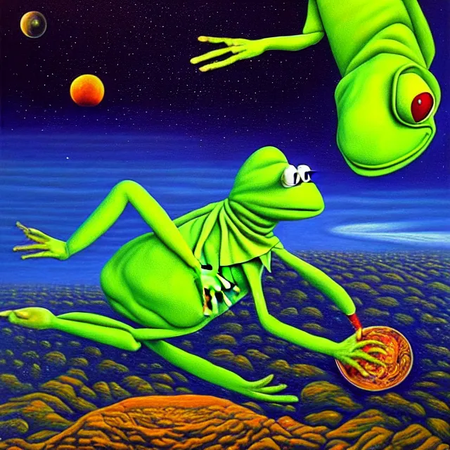 Image similar to an oil on canvas portrait painting of kermit, surrealism, surrealist, cosmic horror, rob gonsalves, high detail
