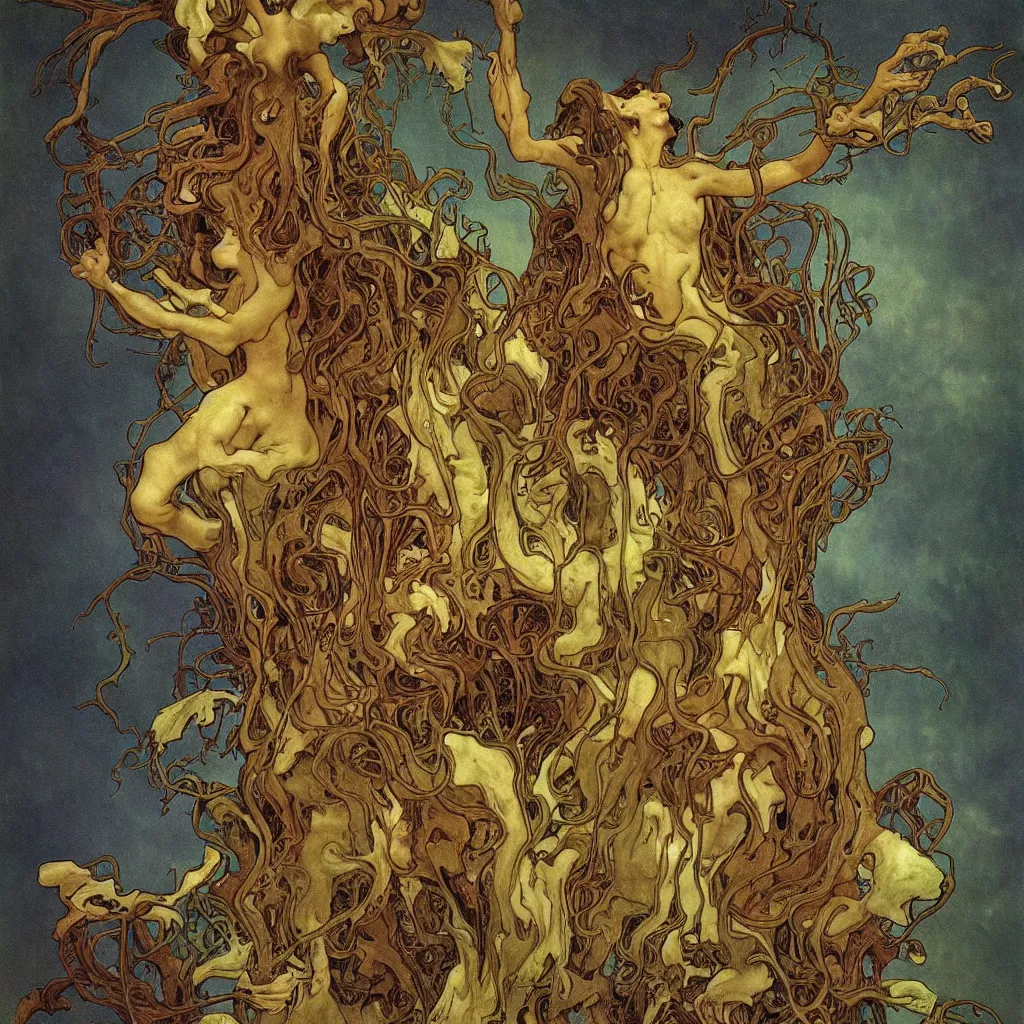 Image similar to grainy 2 0 mm film photograph of a grotesque nightmare fungus demon god. uhd, amazing depth, cinematic lighting, glossy wet levitating floating fungus god with arms outstretched. by thomas blackshear and alphonse mucha.