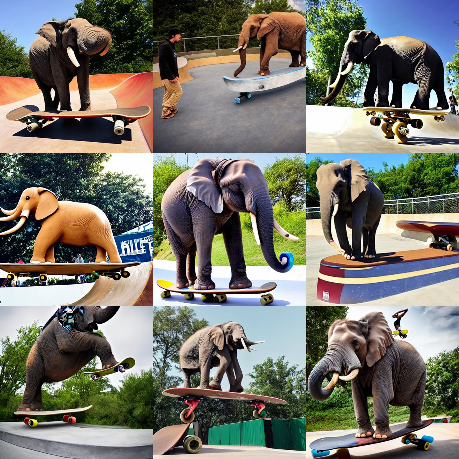 Prompt: an professional elephant skateboarder on a half pipe on a skateboard