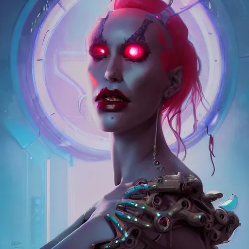 Image similar to a portrait of a nubile cybernetic duchess of hell, cyberpunk concept art by pete mohrbacher and wlop and artgerm and josan gonzales and jean claude meziere and syd mead and moebius, trending on artstation, unreal engine, highly detailed, intricate, sharp focus, digital art, 8 k