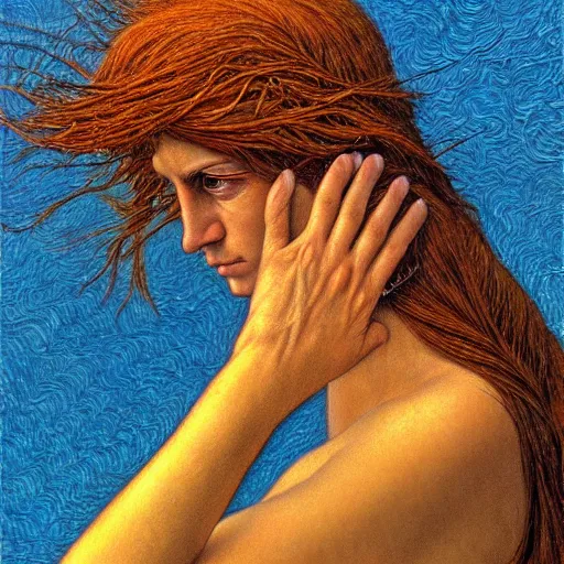 Image similar to a bird with hands, hyperrealism, no blur, 4 k resolution, ultra detailed, style of carlos schwabe