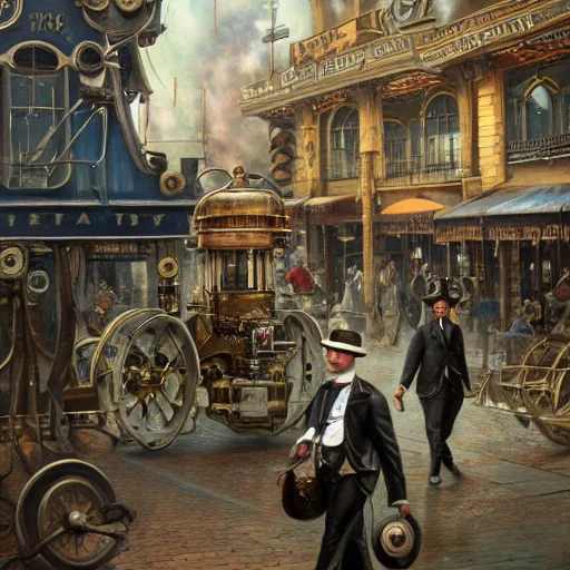 Prompt: fantasy steam punk machine walks through the center of a dallas, extremely detailed oil painting, 1 9 2 0's colored pencil, highly detailed, highly accurate, deep aesthetic, 8 k, highly ornate intricate details, cinematic lighting, rich colors, beautiful scenic view, ray tracing, hyperrealistic, photorealistic, cinematic landscape, trending on artstation, concept art,