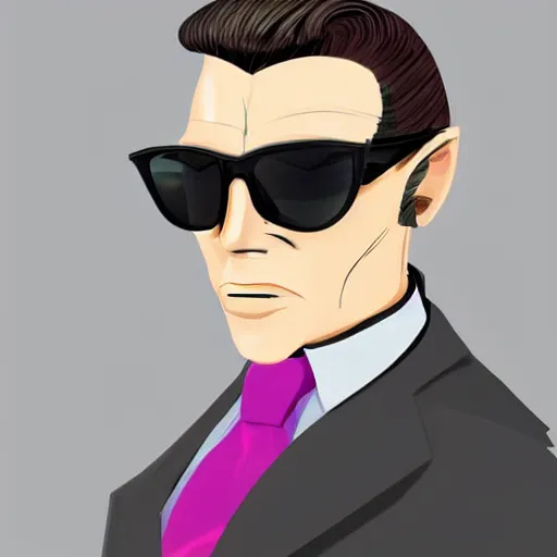 Prompt: a 1 9 8 0 s businessman, wearing a pinstripe suit, hair in slick low ponytail, sunglasses. secret vampire. concept art by leif jones.