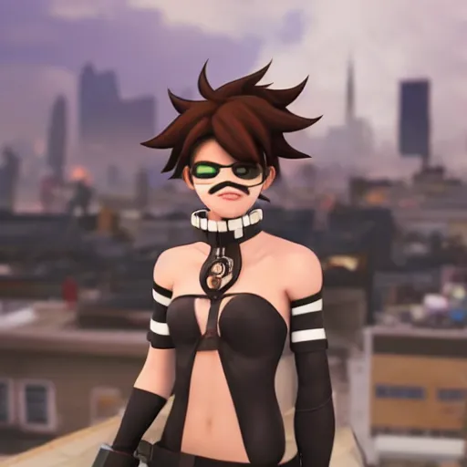 Prompt: tracer, standing on rooftop, wearing spiked choker, 4 k, detailed, smiling at camera, detailed eyes, confident stance, detailed face, feminine face, burning exploding city in background