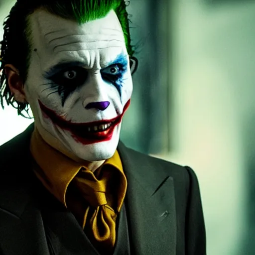 Prompt: awe inspiring Johnny Depp playing The Joker 8k hdr movie still dynamic lighting