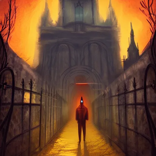 Prompt: cloaked detective walking through the wrought iron gates of an old mental institution, a menacing tower looms over the courtyard, and an evening sun bathes the gates in a orange light, full shot, Anato Finnstark, featured on Artstation