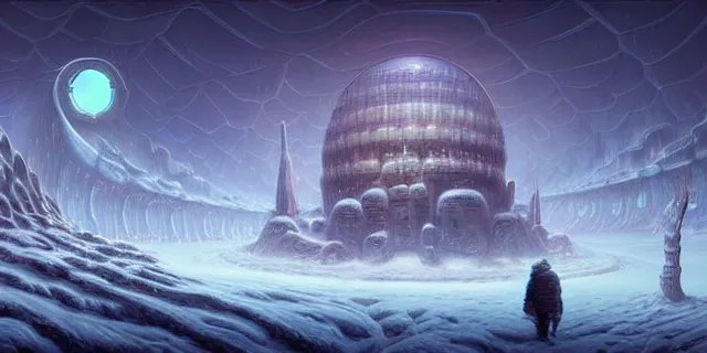 Image similar to painting artic snow covered alien nature labyrinth consuming futuristic mega city from blade in the style of nebulapunk by tomasz alen kopera and daniel lieske with futuristic castle by simon stahlenhag