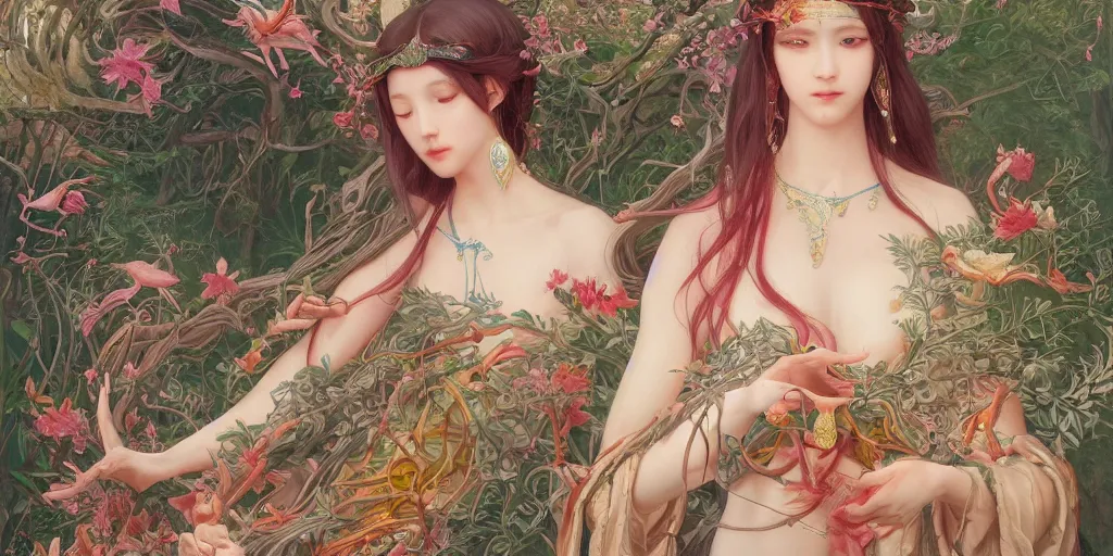 Image similar to breathtaking detailed concept art painting of the goddess of flamingo, orthodox saint, with anxious, piercing eyes, ornate background, epic composition, amalgamation of leaves and flowers, by Hsiao-Ron Cheng and John James Audubon and Miho Hirano, extremely moody lighting, 8K