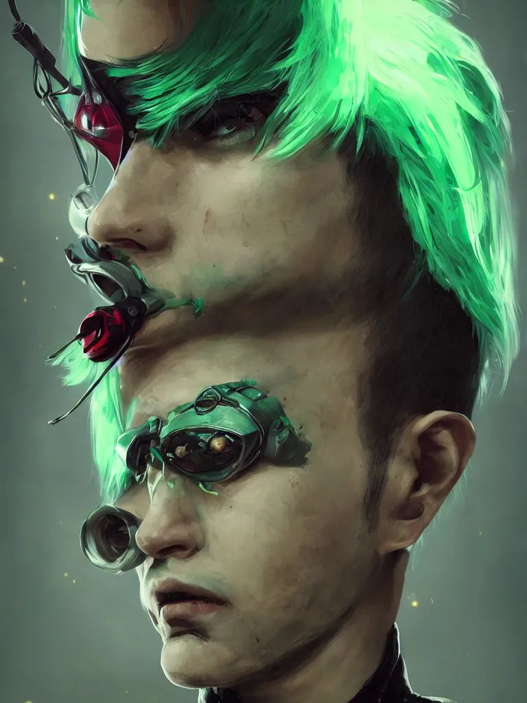 Image similar to a portrait of a boy with green hair and two devil horns and an eye patch, cyberpunk style, digital painting, concept art, smooth, sharp focus, hyperrealistic, illustration, artstation trending, octane render, unreal engine, ambient light, dynamic lighting, magical, dark vibes, Cyberpunk 2077