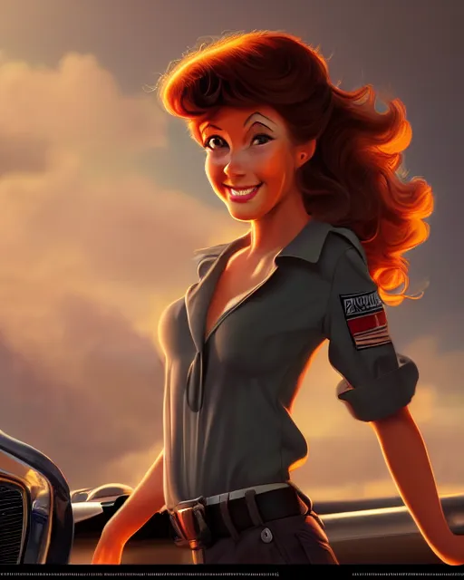 Image similar to charming young woman mechanic character portrait, by don bluth, sci - fi environment, highly detailed, dynamic shadows, 4 k, wallpaper - 1 0 2 4