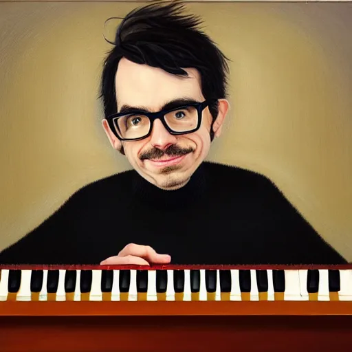 Prompt: An Oil Painting of Rivers Cuomo in a sweater with long hair and a mustache playing his piano in an apartment as a nuke drops onto the city outside his window next to him, hyperrealistic, extremely realistic, highly realistic, HD Quality, 4k resolution, 8k resolution, Detailed, Very Detailed, Highly Detailed, Extremely Detailed, Intricate Details, Real, Very Real, Oil Painting, Digital Painting, Painting, Trending on Deviantart, Trending on Artstation
