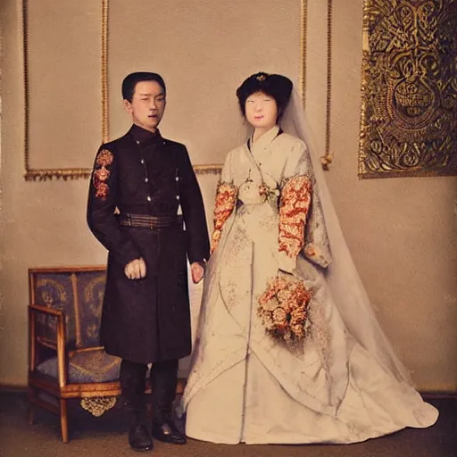 Prompt: a wide full shot, colored russian and japanese mix historical fantasy of a photograph portrait taken of a royal wedding processional ceremony, photographic portrait, warm lighting, 1 9 0 7 photo from the official wedding photographer for the royal wedding.