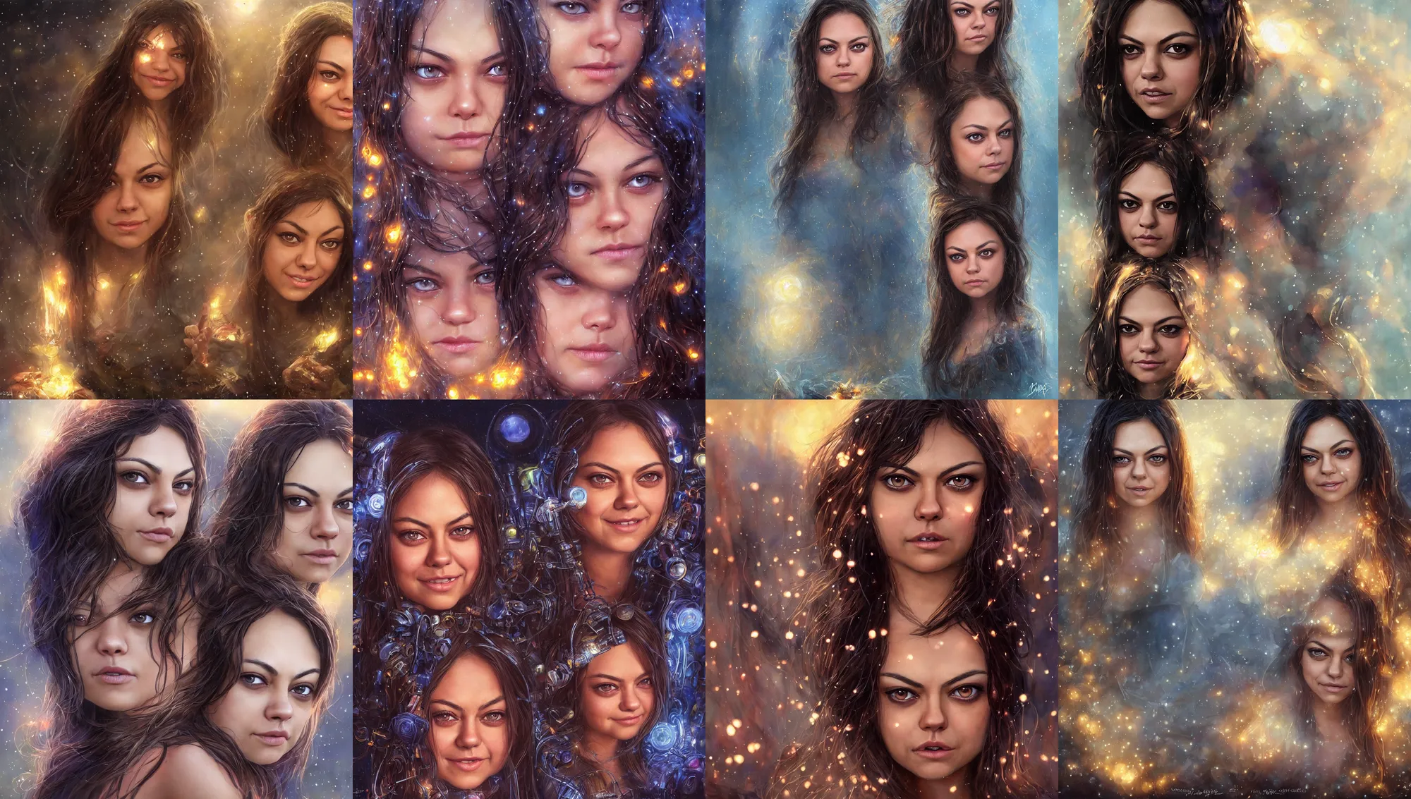 Prompt: big - eyed mila kunis winter princess smiling intensely into the camera, sundown golden hour firefly wisps, cyberpunk neon, steve hanks, charlie bowater, mark brooks, steve henderson, justin gerard, mark keathley, victor nizovtsev, tom bagshaw, krenz cushart, ross tran, focal length : 2 0 0. 0 mm