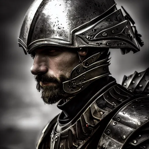 Image similar to portrait of a guy with battle armor,Grim fantasy, D&D, HDR, natural light, medium close shot, dynamic pose, award winning photograph, Mucha style