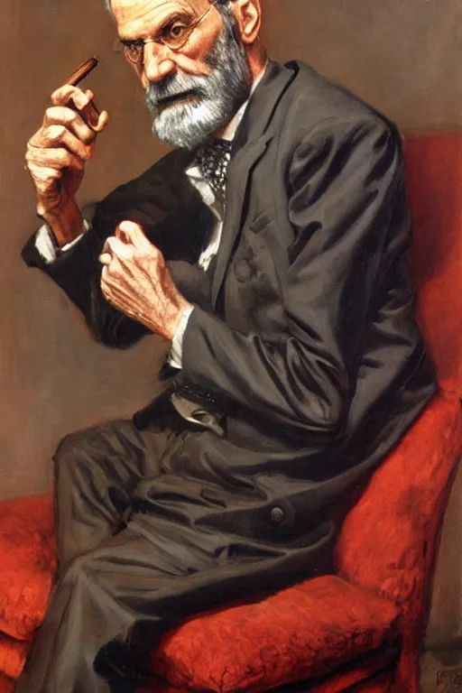 Prompt: portrait of sigmund freud, holding cigar, by frank mccarthy, detailed, impressive, freudian