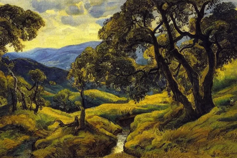 Image similar to masterpiece painting of oak trees on a hillside overlooking a creek, dramatic lighting, by frederick varley