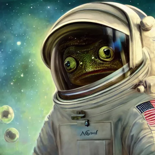 Prompt: long shot of a cute astronaut frog wearing an astronaut helmet, by esao andrews, by m. w. kaluta, by james web telescope, ultra humorous beautiful oil painting, cinematic space scenery, small depth of field, depth perception, volumetric light, rich colors, 3 d octane render, 8 k, conceptart, hyperdetailed, hyperrealistic, trending on artstation