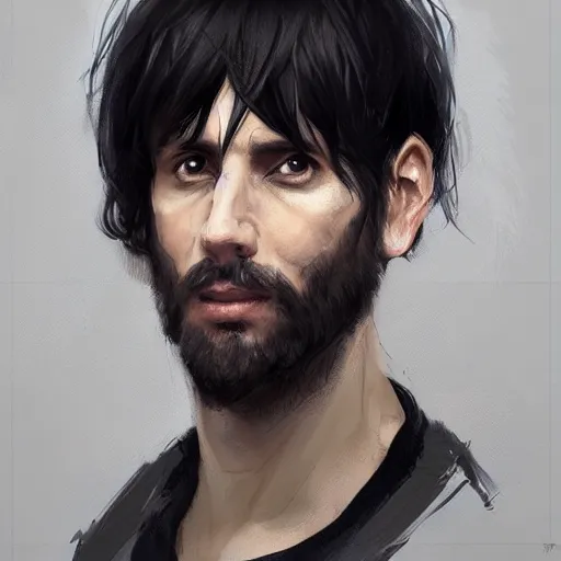 Prompt: portrait of a man by greg rutkowski, he is! about 3 0 years old, short black hair with bangs, his features are a mix between french, turkish and russian and he is wearing a beige and black utility jumpsuit, highly detailed portrait, digital painting, artstation, concept art, smooth, sharp foccus ilustration, artstation hq